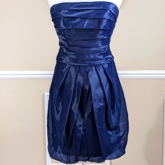Draped Bodice Ruched Strapless Cocktail Dress in Rich Navy by White by Vera Wang - Picture 1 of 6
